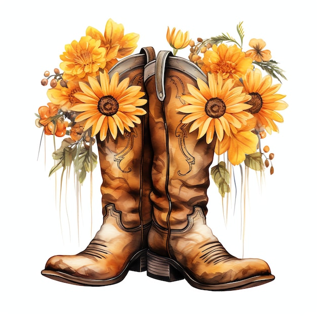 watercolor cowgirl boots pair with flowers western wild west cowboy desert illustration