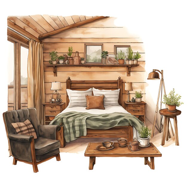 Watercolor of Cozy Farmhouse Retreat a Room With Rustic Wood On White Background With Cozy Place