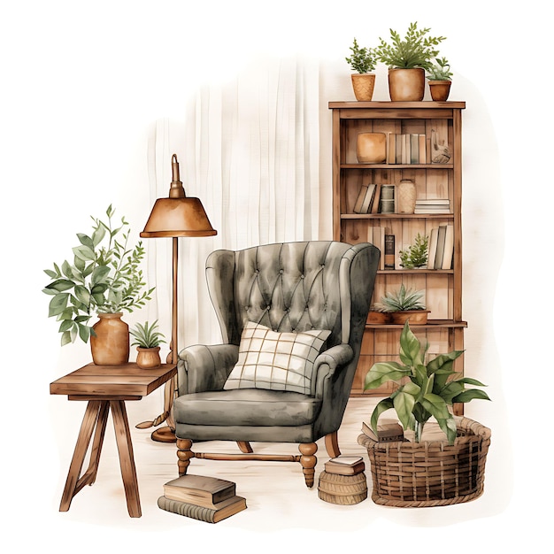 Watercolor of Cozy Farmhouse Retreat a Room With Rustic Wood On White Background With Cozy Place