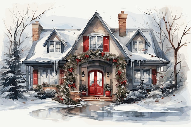 Watercolor cozy little house in winter scene vector illustration merry Christmas