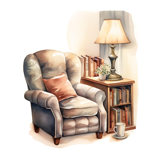 Watercolor of a Cozy Reading Nook Featuring a Plush Armchair Home Accents on White Back Ground