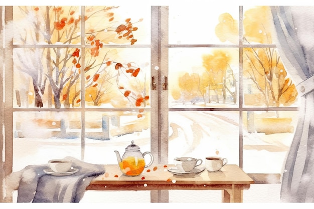 Watercolor cozy Winter kitchen window