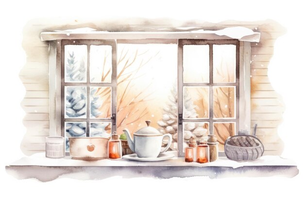 Watercolor cozy Winter kitchen window