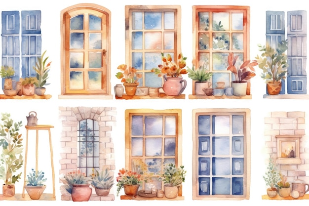 Watercolor cozy Winter kitchen window