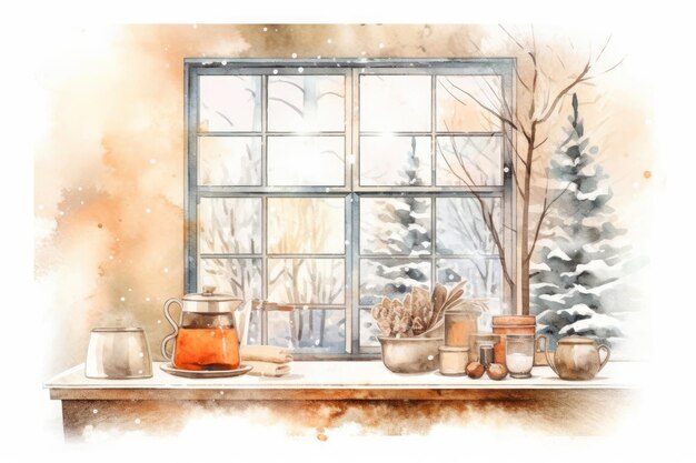 Watercolor cozy Winter kitchen window