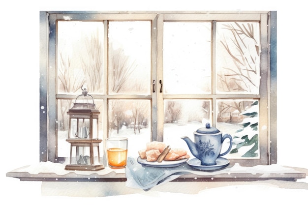 Watercolor cozy Winter kitchen window