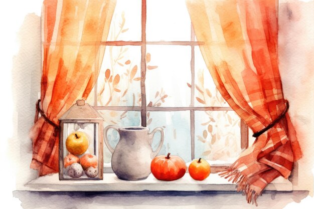 Watercolor cozy winter kitchen window