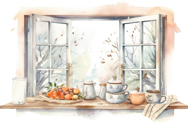 Watercolor cozy Winter kitchen window