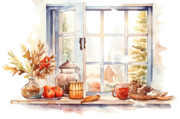 Акварель уютное зимнее кухонное окно