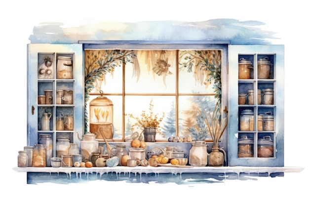 Watercolor cozy Winter kitchen window