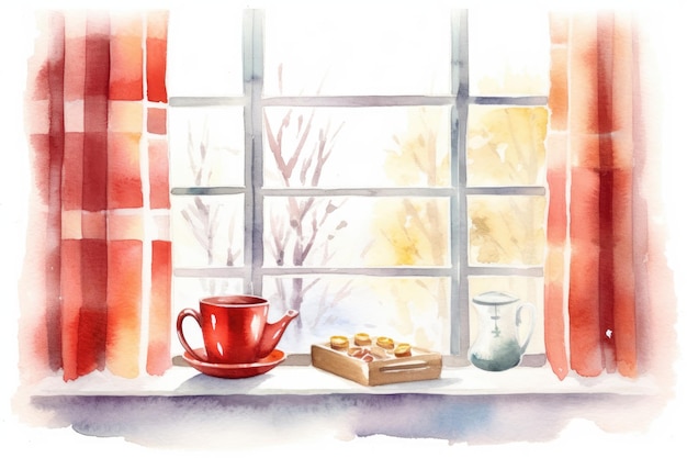 Watercolor cozy Winter kitchen window