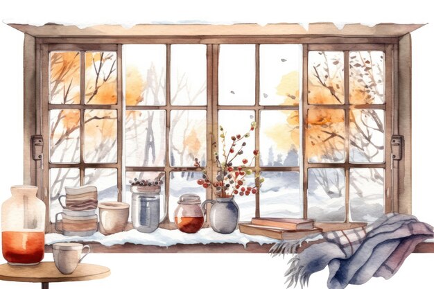 Watercolor cozy Winter kitchen window