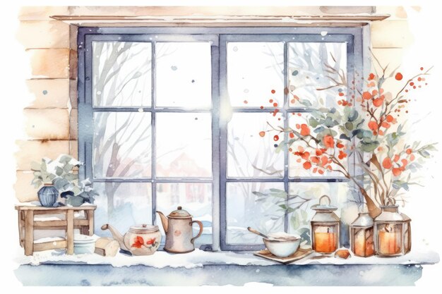 Watercolor cozy Winter kitchen window