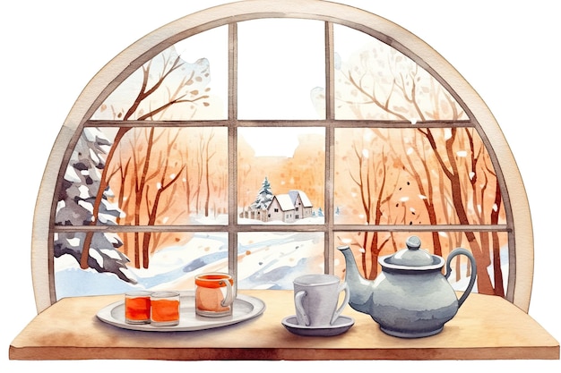 Watercolor cozy Winter kitchen window