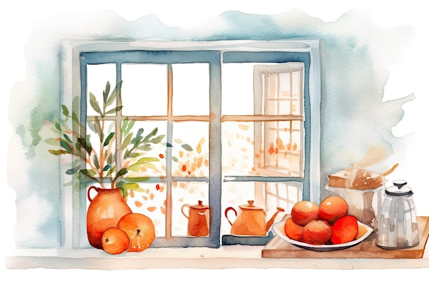 Watercolor cozy Winter kitchen window