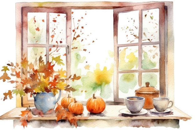 Watercolor cozy Winter kitchen window