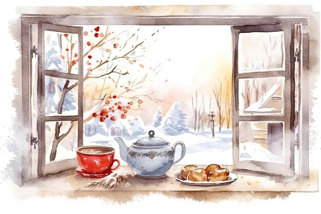 Watercolor cozy Winter kitchen window