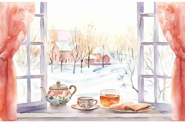 Watercolor cozy Winter kitchen window