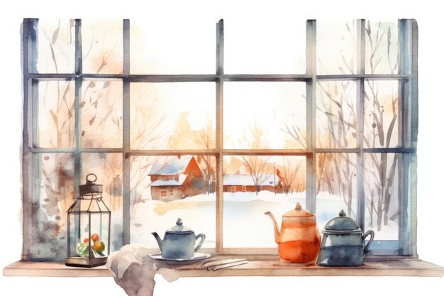 Watercolor cozy Winter kitchen window