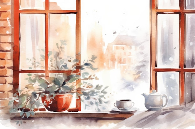 Watercolor cozy Winter kitchen window