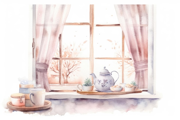 Watercolor cozy Winter kitchen window