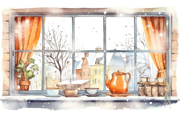 Watercolor cozy Winter kitchen window