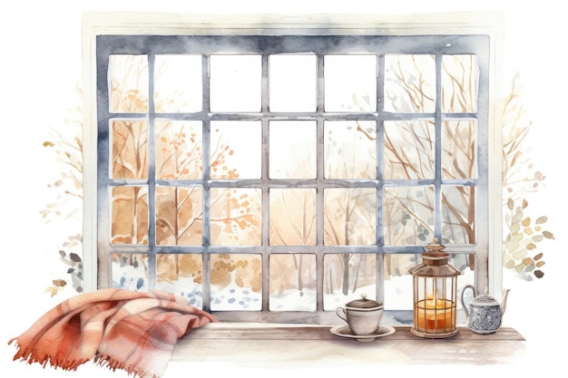 Watercolor cozy Winter kitchen window