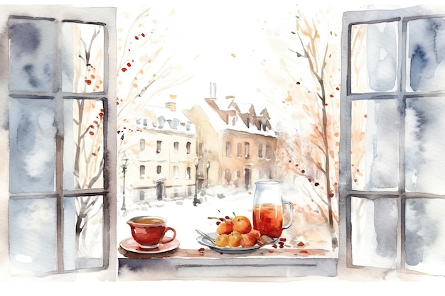 Watercolor cozy Winter kitchen window