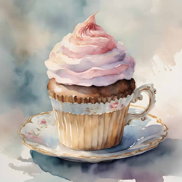 Watercolor Creamy white and purple cupcake with pink rose flower Homemade bakery on Valentine day