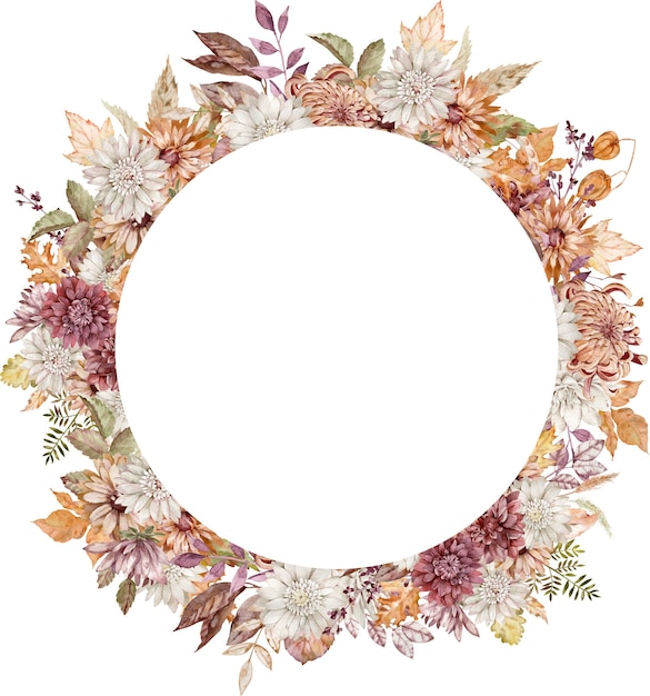 Watercolor crimson, white and orange asters wreath. Fall flowers circle frame. Autumn template isolated on the white background.