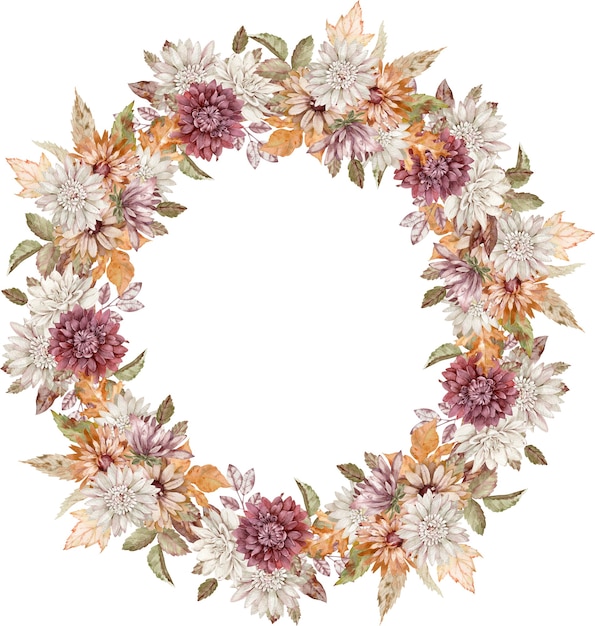 Watercolor crimson, white and orange asters wreath. Fall flowers circle frame. Autumn template.