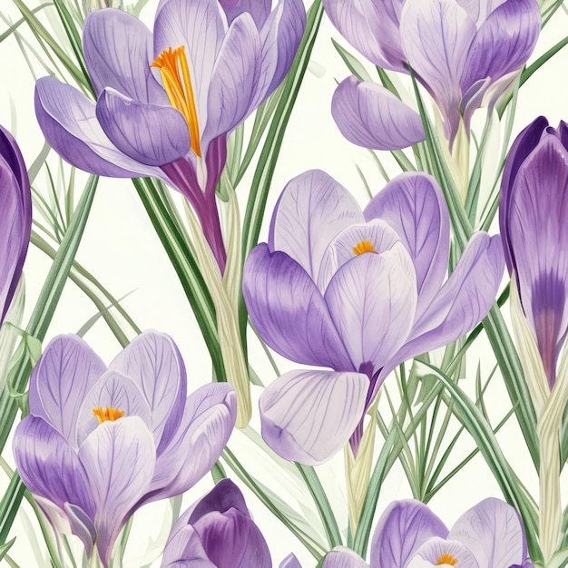 Watercolor crocus flowers with leaves seamless pattern