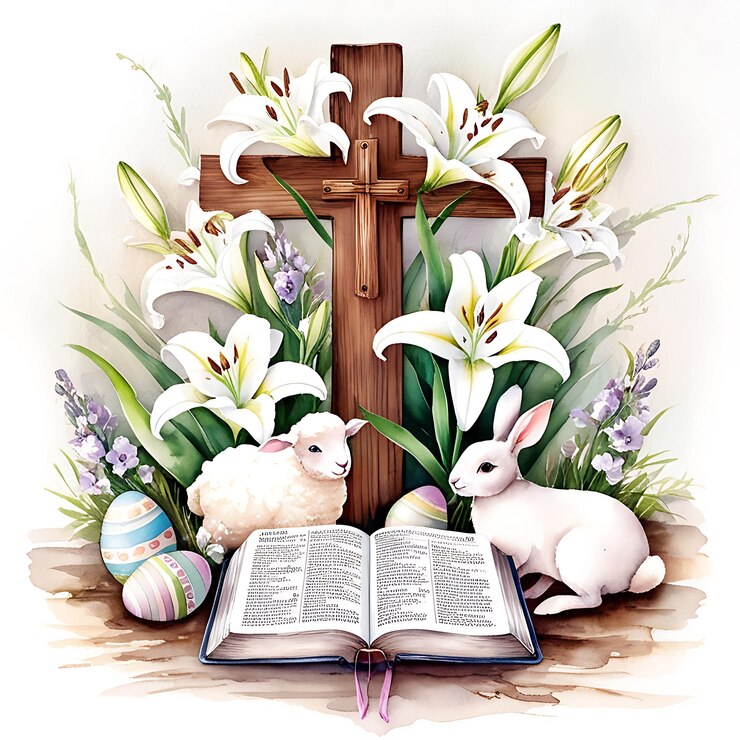 Photo watercolor cross and white lilies with uplifting bible verse