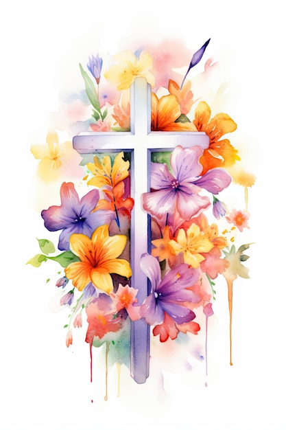 Акварельный крест с цветами Пасха и религиозная иллюстрация