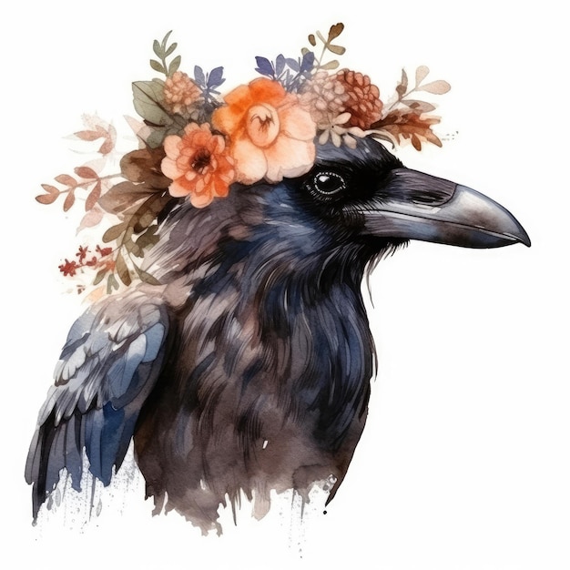 Watercolor of a crow with flowers on his head