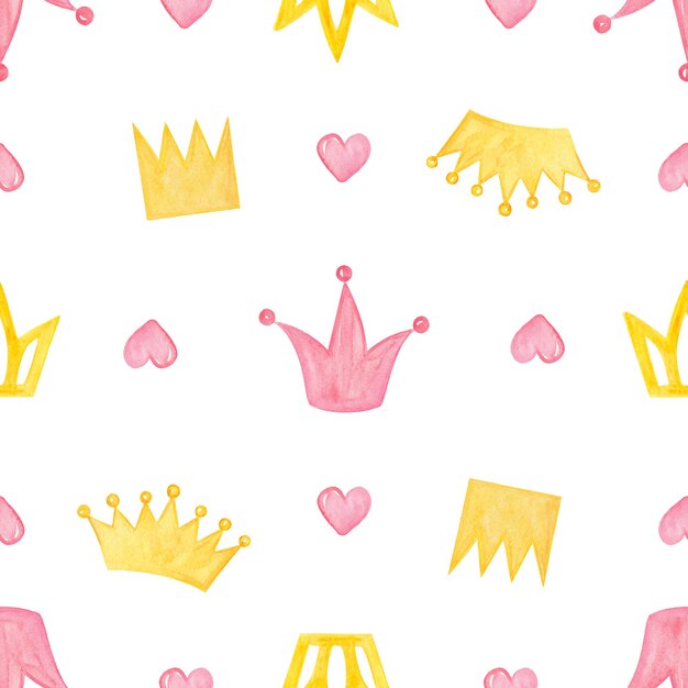 Watercolor crowns and hearts seamless pattern on white background Princess print for fabric