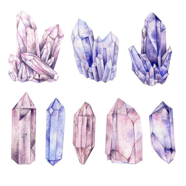 Watercolor crystals pink and purple gemstones light and dark magic Crystals on a white background