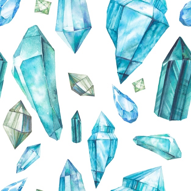 Watercolor crystals seamless pattern. Hand painted green and blue gemstones repeating texture isolated