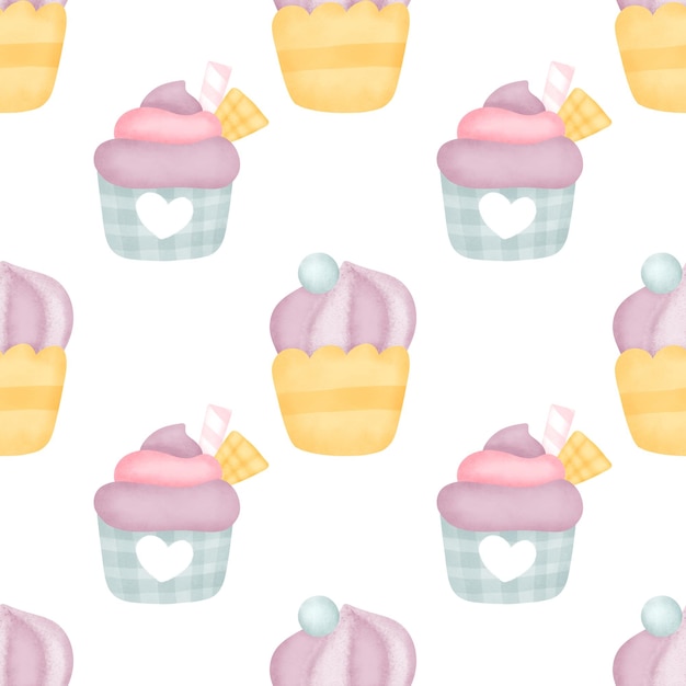 Watercolor cup cake seamless pattern