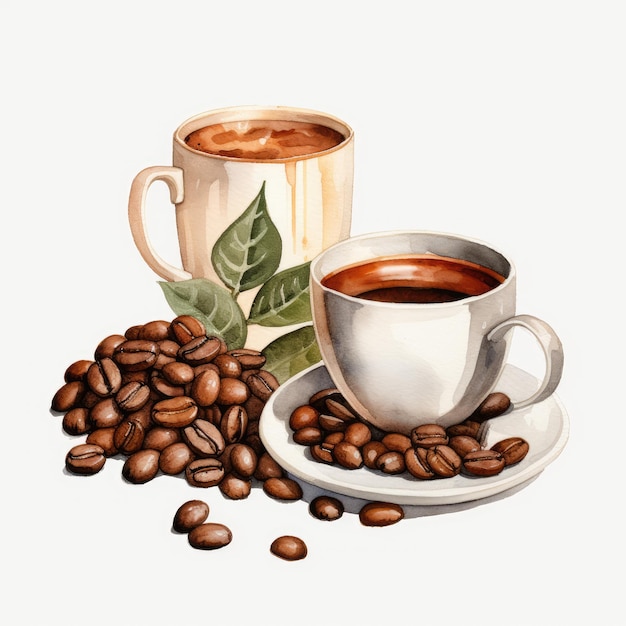 커피 커피 시간 커피 콩의 수채화 컵