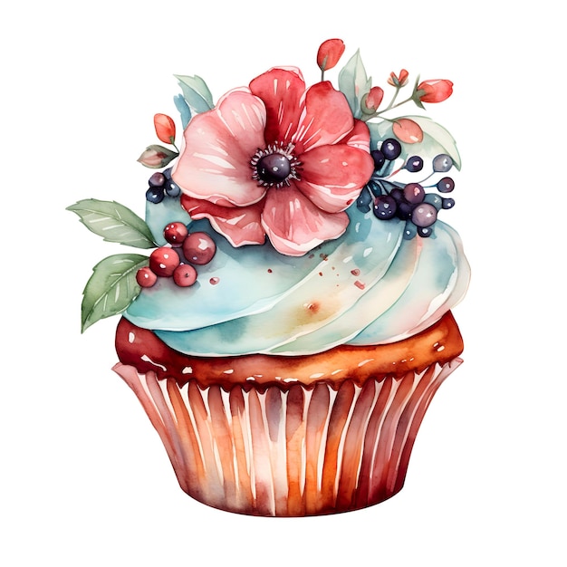 Watercolor cupcake decorated with flowers on transperent background Romantic concept