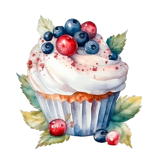 Watercolor cupcake with berries AI generative isolated illustration Bakery cooking food watercolor