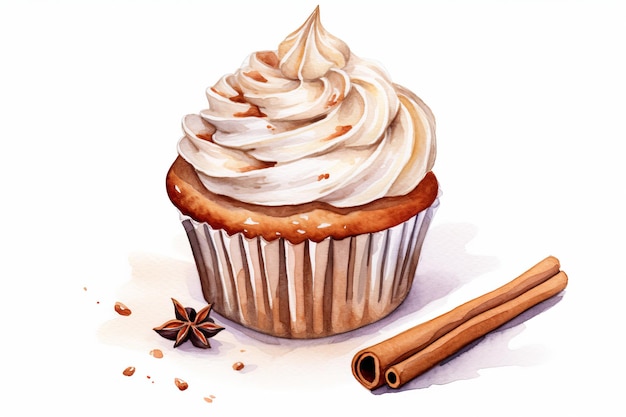 Watercolor cupcake with chai spice frosting and a cinnamon stick garnish on white AI generated