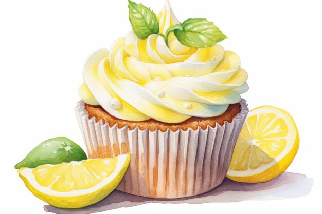 Photo watercolor cupcake with lemonflavored frosting and a lemon slice garnish on white ai generated