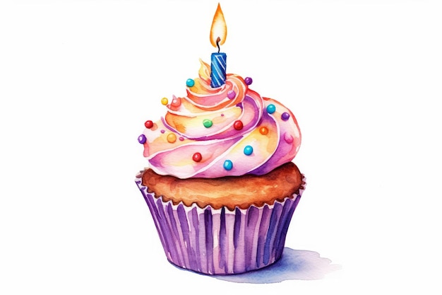 Watercolor cupcake with a lit candle on white background AI generated