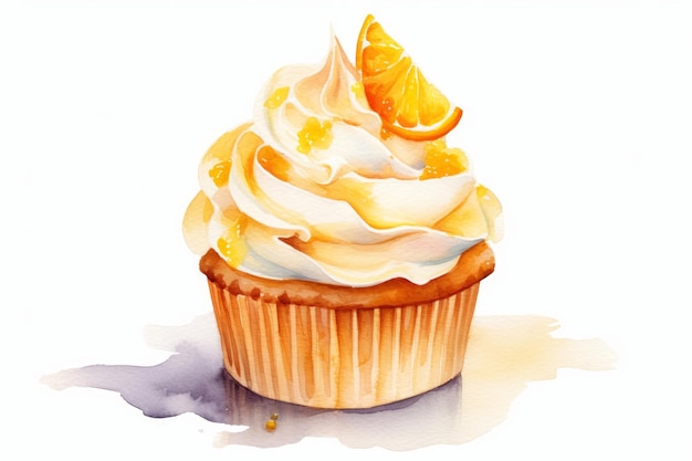 Watercolor cupcake with orange zestinfused frosting and candied orange peel on white AI generated