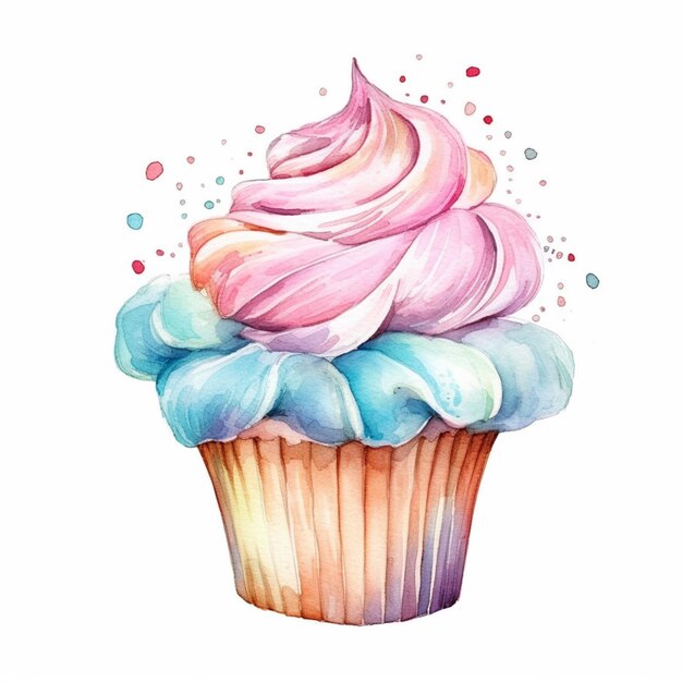 Watercolor cupcake with a pink cream on top.