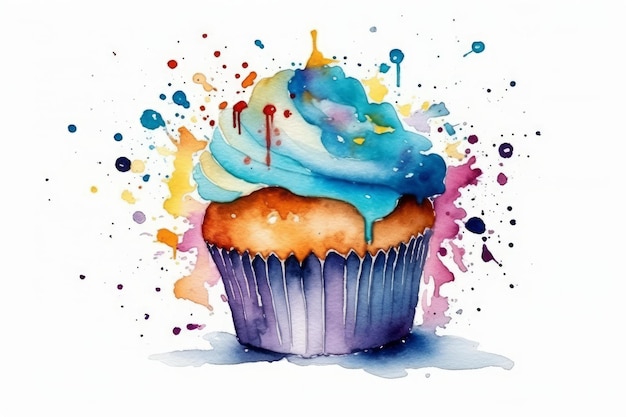 Watercolor cupcake with sprinkles for the Birthday boy on white background AI generated
