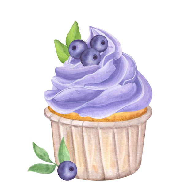 Watercolor cupcake with violet whipped cream Decorated bilberry blueberry leaves Food clipart Hand drawn illustration isolated on white background For design menu cafe advertisement