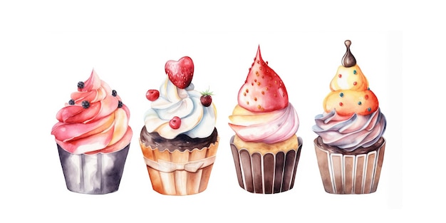 Watercolor Cupcakes set on a white background